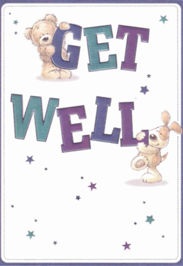 Exuding gentle encouragement and playful optimism, this illustrated get well card is brought to life by a lovable bear and a floppy-eared puppy-each figure drawn with a sense of softness and charm that feels right at home in Tolworth's tight-knit streets. Scattered stars shimmer in blue and violet, as if wishes are drifting across the card from the heart of the community. The bold, friendly letters spelling out 'Get Well' are painted in hues of royal purple and deep teal-grounding the composition in a confident, hopeful tone. You can almost feel the plush fur of the bear and the velvety ears of the puppy, their textures rendered with delightful care, mirroring the comforting sensations of a skillfully wrapped bouquet. The white background adds a clean, airy quality, reminiscent of a peaceful morning stroll along Tolworth's leafy avenues. This card could easily accompany a delivery of fresh flowers arranged by Tolworth Florist, both offering reassurance and a palpable sense of support, perfect for friends and family recovering nearby.